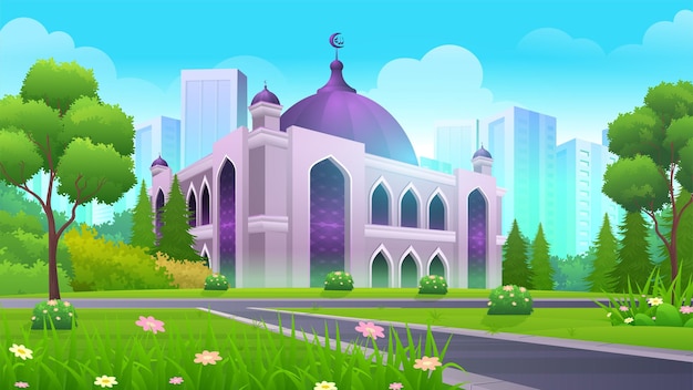 Piękny islamski meczet z ulicą, zielonym trawnikiem, krzakiem i drzewami ilustracji wektorowych