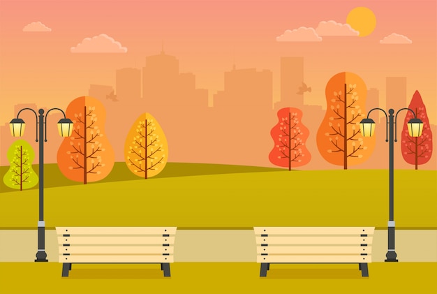 Piękny Jesienny Park Z ławkami, żółtymi I Pomarańczowymi Drzewami I