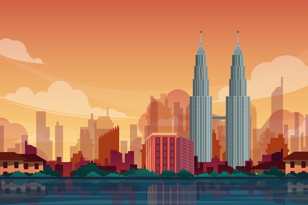 Piękny Krajobraz Z Petronas Twin Towers W Kuala Lumpur, Malezji Punkt Orientacyjny Atrakcja Turystyczna Projekt Pocztówki Lub Plakat Podróży, Ilustracji Wektorowych.