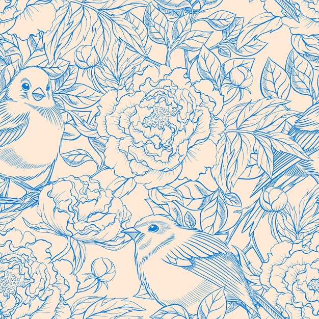 Piękny Niebieski I Beżowy Retro Wzór Z Ptakami I Kwitnącymi Piwoniami