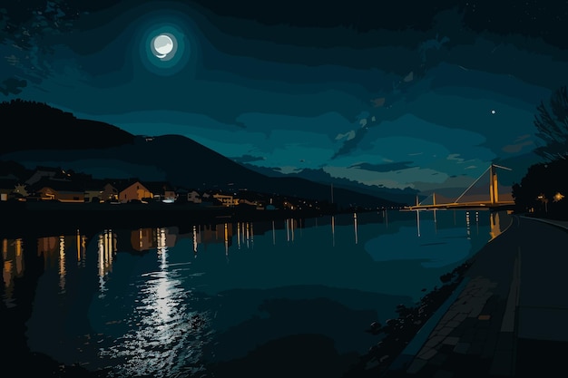 Plik wektorowy piękny nocny widok na brzegu rzeki z księżycem i gwiazdami