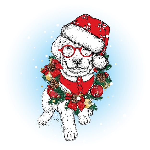 Plik wektorowy piękny pies z wieńcem bożonarodzeniowym
