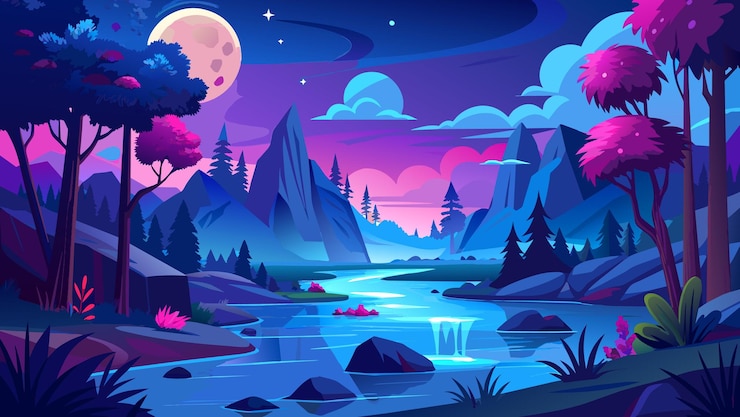 Wektor piękny projekt ilustracji krajobrazu nocnego z górską rzeką i księżycem z niebem