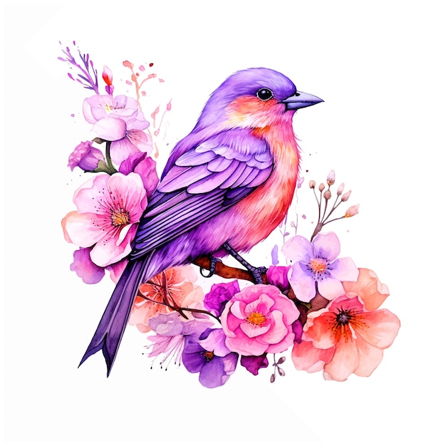 Piękny Ptak Otoczony Farbą Akwarelową Z Kwiatami