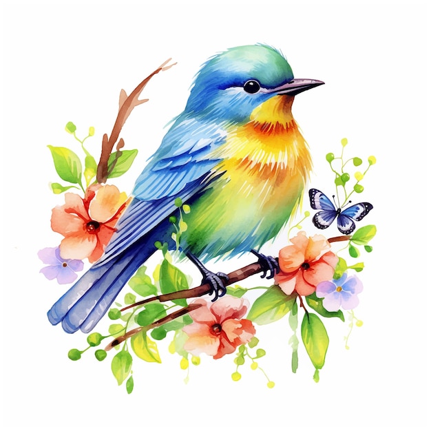 Plik wektorowy piękny ptak z farbą akwarelową z kwiatami
