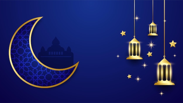 Piękny Ramadan Kareem Niebieski I Złoty Projekt Transparentu Realistyczne Tło 3d Ramadan Kareem Niebieski Złoty Księżyc I Abstrakcyjne Luksusowe Elementy Islamskie W Tle