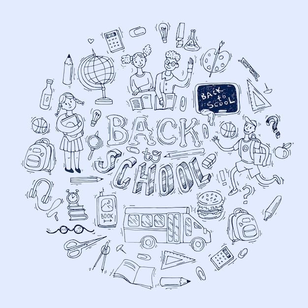 Piękny, ręcznie rysowane zestaw ilustracji wektorowych z powrotem do szkoły w stylu Doodle