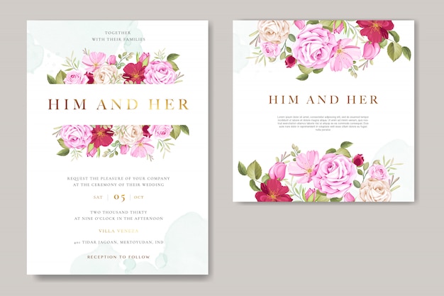 Plik wektorowy piękny ślub zaproszenia karty z kwiatów i liści wieniec