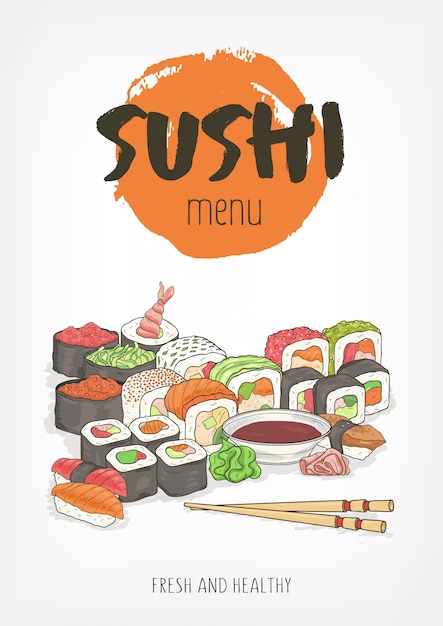 Plik wektorowy piękny szablon menu restauracji kuchni japońskiej lub azjatyckiej z napisem odręcznym i kolorowym sushi, bułkami, sashimi, wasabi, sosem sojowym, pałeczkami na białym tle. ilustracja.