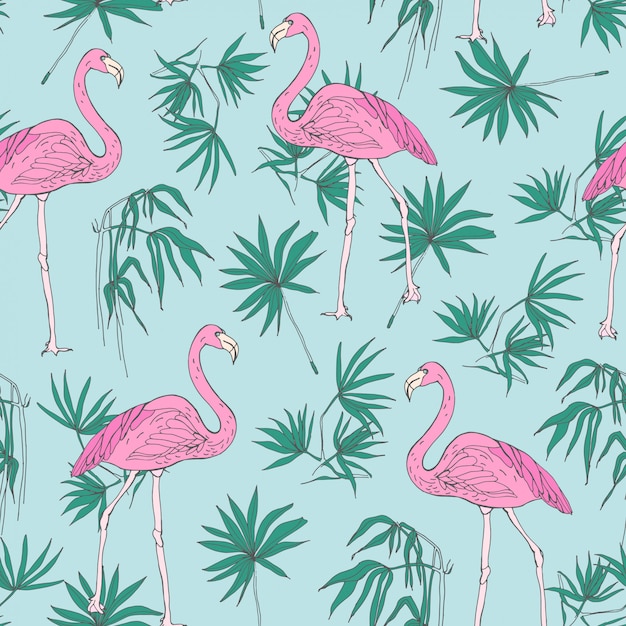 Piękny Tropikalny Wzór Z Różowe Ptaki Flamingo I Zielone Liście Palmowe Dżungli Ręcznie Rysowane Na Niebieskim Tle.