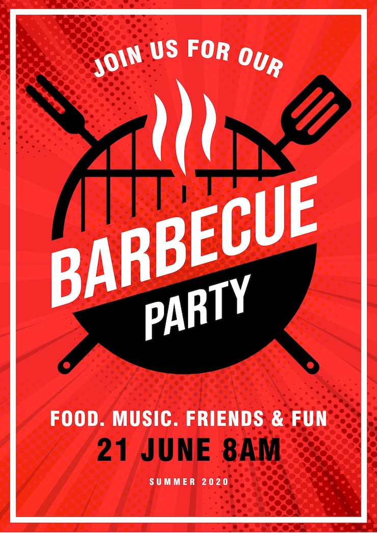 Wektor piękny wektor grill party zaproszenie szablon projektu. modny projekt plakatu bbq cookout z klasycznym grillem na węgiel drzewny, widelcem, łopatką do gotowania i przykładowym tekstem. tło w stylu pop-artu. wektor