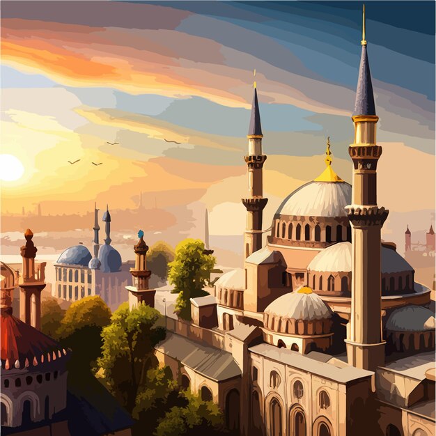 Piękny Widok Na Meczet O Zachodzie Słońca Islamska Ramadan Tło Projekt Ilustracji Wektorowych