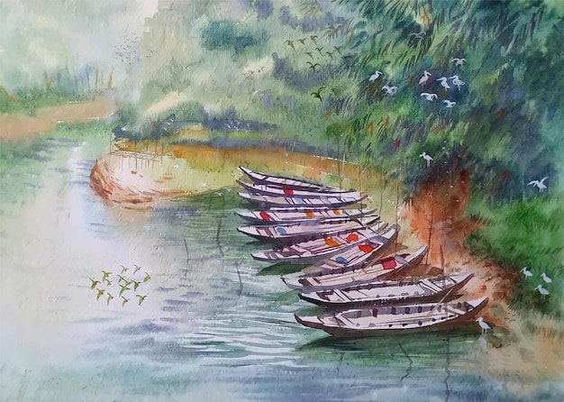 Piękny Widok Z Akwarelową Ilustracją Krajobrazu Rzeki łodzi