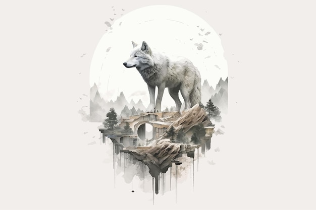 Piękny wilk na szczycie wzgórza w czarno-białej ilustracji wektorowych