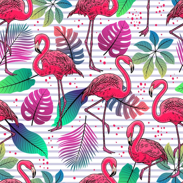 Piękny Wzór Różowych Ręcznie Rysowanych Flamingów I Jasnych Liści Palmowych