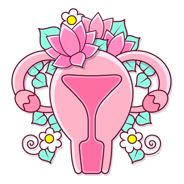 Piękny żeński układ rozrodczy z Flowers.Feminine Gynecology.Anatomical Female macica, Ovaries.Vagina Symbol Menstruation.Hand Drawn Macer, Womb female reproductive narządy. Wektor