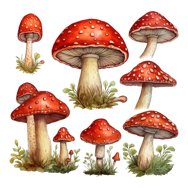 Piękny Zestaw Akwareli Clipart Z Ręcznie Rysowanym Grzybem Leśnym Amanita