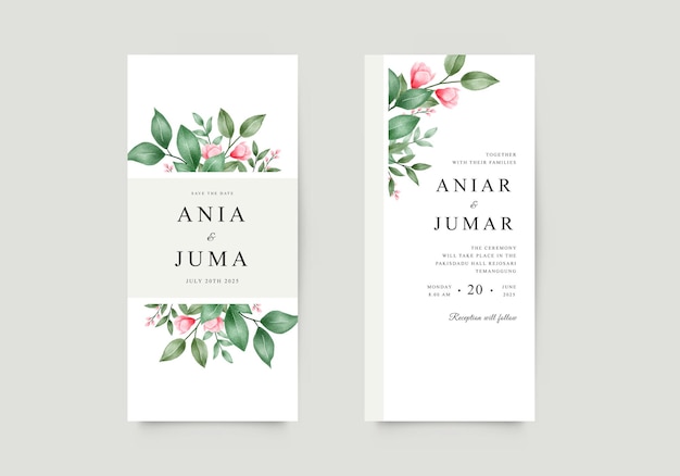 Plik wektorowy piękny zestaw kart z zaproszeniem na ślub z akwarelowymi kwiatami i liśćmi