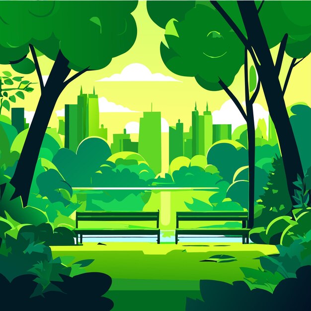 Plik wektorowy piękny zielony park w pobliżu jeziora z ławką otoczoną drzewami ilustracja wektorowa