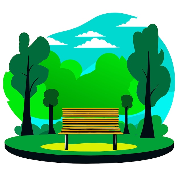 Plik wektorowy piękny zielony park w pobliżu jeziora z ławką otoczoną drzewami ilustracja wektorowa