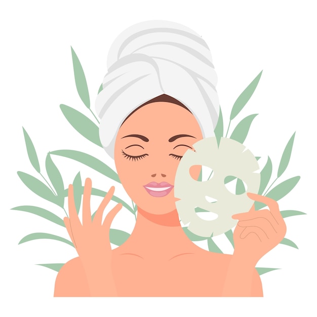 Plik wektorowy pielęgnacja skóry twarzy kobieta dba o swoją skórę maski kosmetyczne plastry krem balsam mydło do twarzy