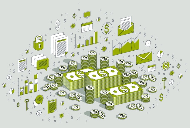 Pieniądze Gotówkowe Dolar Stosy I Monety Centów Stosy Na Białym Tle. Izometryczne 3d Ilustracji Wektorowych Finansów I Biznesu Z Ikonami, Wykresami Statystyk I Elementami Projektu.