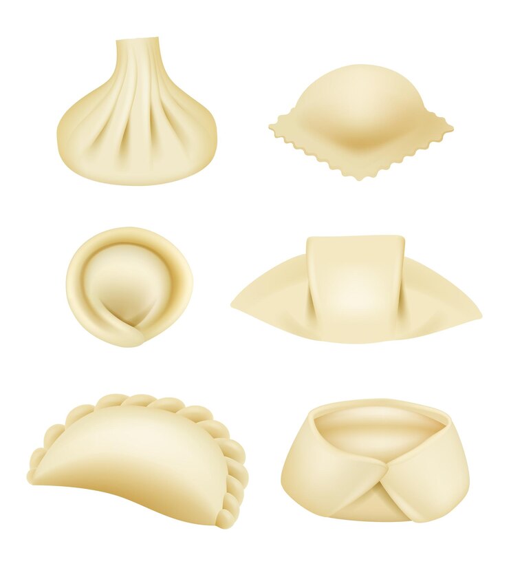 Wektor pierogi realistyczne. ciasta pierogi azjatyckie pierogi wontons i manti z farszem ilustracji wektorowych zestaw. tradycyjne chinkali i knedle, azjatyckie danie na białym tle