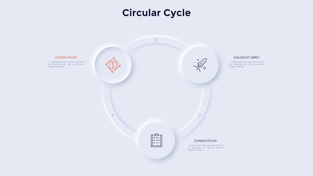 Pierścieniowy Wykres Z 3 Okrągłymi Elementami Koncepcja Trzech Etapów Cyklu Produkcyjnego Neumorficzny Szablon Projektu Infografiki Nowoczesna Ilustracja Wektorowa Do Wizualizacji Cyklicznych Procesów Biznesowych