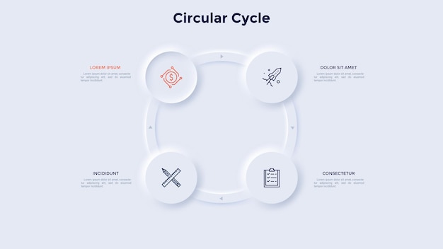 Pierścieniowy Wykres Z 4 Okrągłymi Elementami Koncepcja Czterech Etapów Cyklu Produkcyjnego Neumorficzny Szablon Projektu Infografiki Nowoczesna Ilustracja Wektorowa Do Wizualizacji Cyklicznych Procesów Biznesowych