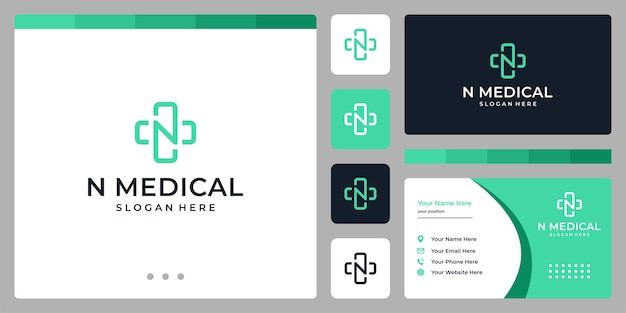 Pierwsza Litera N I Logo Symbol Medyczny. Projekt Wizytówki.
