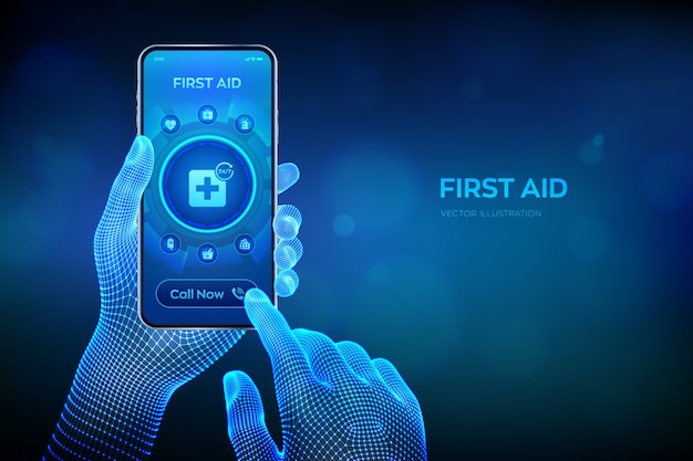 Pierwsza Pomoc Wsparcie Medyczne Online Technologia Technologii Internetowych. Połączenie Alarmowe. Zbliżenie Smartphone W Rękach Szkielet.