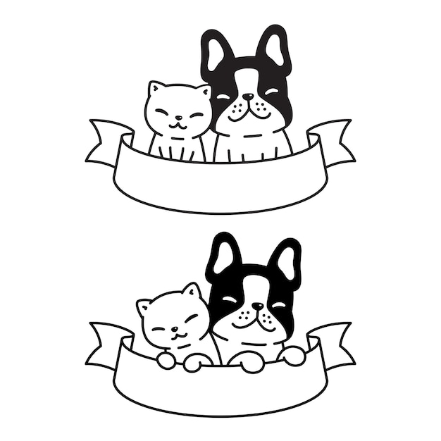 Pies I Kot Buldog Francuski Kociak Postać Z Kreskówki Wstążka