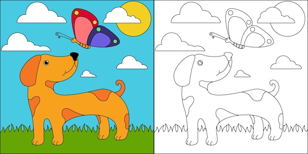 Pies I Motyl Nadaje Się Do Kolorowania Ilustracji Wektorowych Dla Dzieci