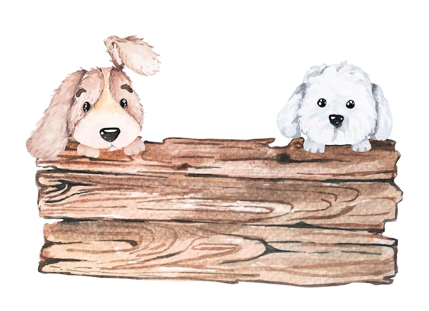 Plik wektorowy pies malowany akwarelą. brązowy puszysty szczeniak. akwarela zwierząt. drewniany znak zdobiony akwarelą.