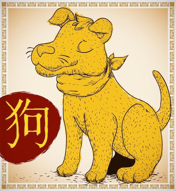 Plik wektorowy pies ubrany w chustkę w ręcznie narysowanym stylu i żółte pociągnięcie pędzla dla tego chińskiego zwierzęcia zodiaku