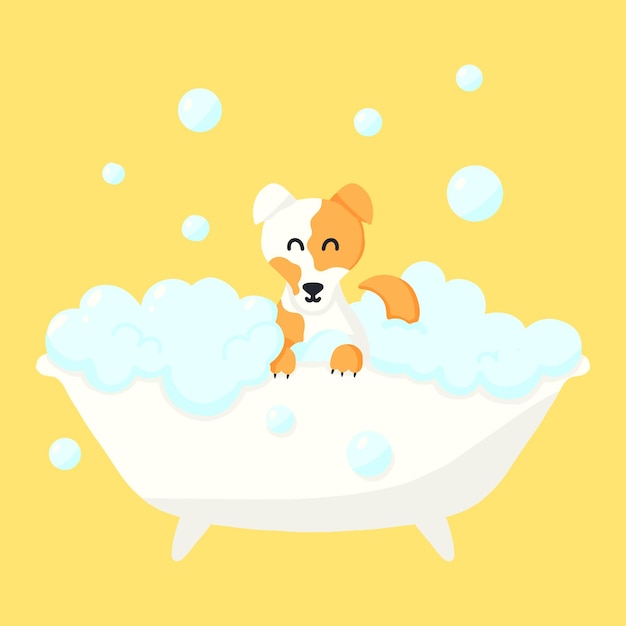 Pies W Kąpieli Z Bąbelkami Opieka Nad Zwierzakiem Kąpanie Psa W łazience Ilustracja Wektorowa W Stylu Kreskówki