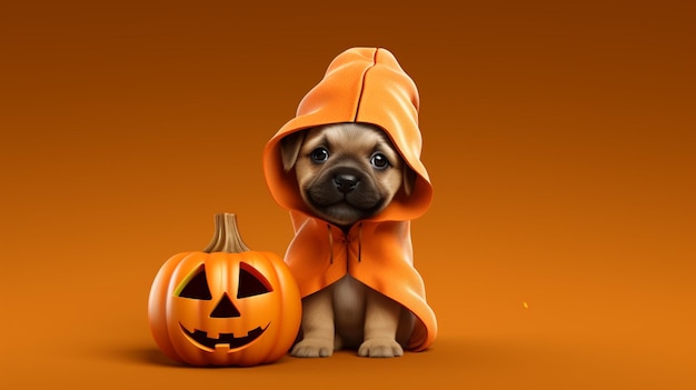 Plik wektorowy pies w kostiumie halloween siedzi obok dyni