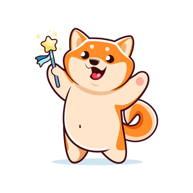 Pies z kreskówek Shiba Inu postać z magiczną różdżką wektor kawaii zwierzę zwierzę osobowość dziecko uroczy szczęśliwy Shiba Inu szczeniak pies z magiczą różdżkę i złotą gwiazdę dla dziecka maskotka lub uroczy kawaii pies emoji