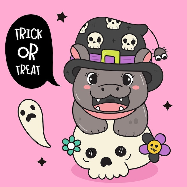 Pigmy hipopotam dziecko hipopotam zoo kreskówka Halloween postać z czaszką sztuczkę lub przysmak