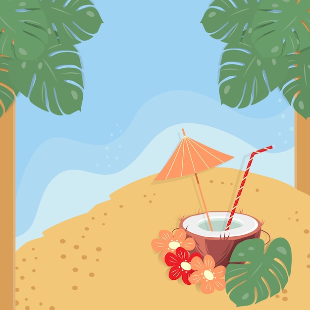 Plik wektorowy pij w połowie kokosa z koktajlową słomą parasol wewnątrz kwiatów i liść monstera na plaży