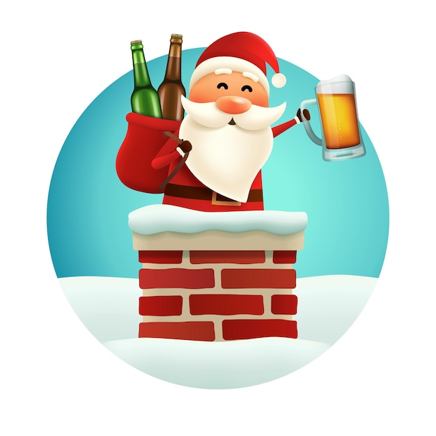 Plik wektorowy pijany święty mikołaj w kominie z kubkiem piwa i workiem z butelkami wektorowa naklejka świąteczna