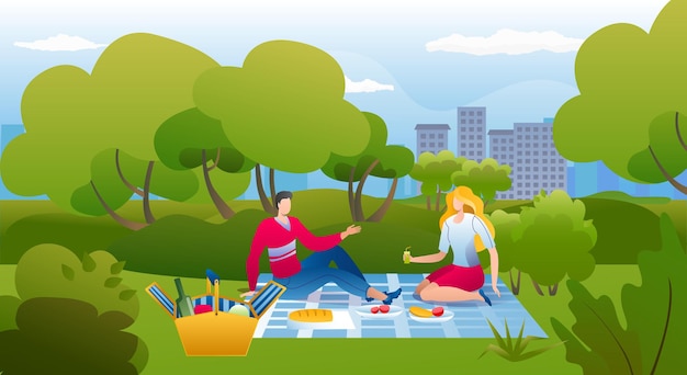 Piknik w parku, ilustracji wektorowych, szczęśliwa młoda para mężczyzna kobieta charakter jeść jedzenie w lato natura, wypoczynek na świeżym powietrzu w trawie razem.