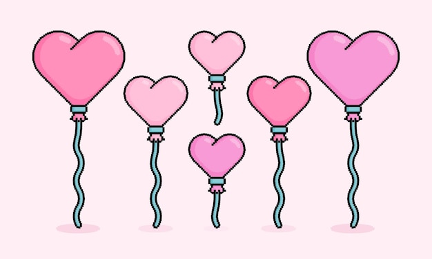 Plik wektorowy pikselowa ilustracja przedstawiająca różowe balony w kształcie serca lub miłości naciągane i latające na wydarzenie 14 lutego może być używana do plakatu banerowego z naklejką na koszulkę z gadżetami walentynkowymi