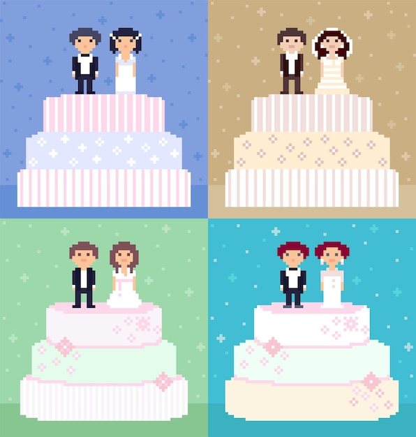 Plik wektorowy pikselowe ciasta weselne z parami na górze. 8-bitowe postacie, panny młode i stajenni.
