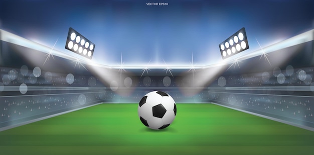 Piłka nożna piłka na zielonej trawie stadionu boisko do piłki nożnej tło. Ilustracja wektorowa.