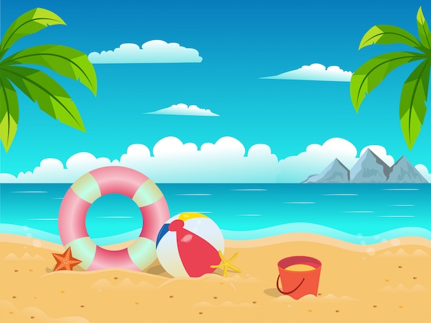 Plik wektorowy piłka rozgwiazda i życie pierścień na tle niebieskiego nieba plaży na letnie wakacje koncepcji ilustracji