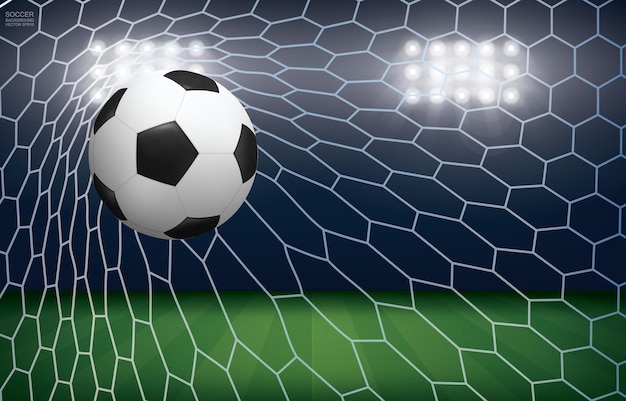 Piłka w bramce. Piłka nożna i biały netto w tle stadionu boisko do piłki nożnej. Ilustracja wektorowa.