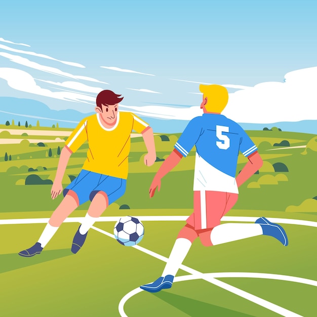 Piłkarze Akcji Walczą O Piłkę Na Polach Zielonych Wzgórzach I Ilustracji W Tle Nieba