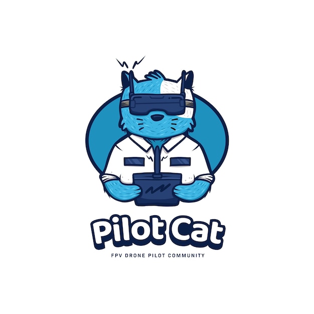 Pilot Cat Fpv Drone Pilot Ikona Logo Społeczności Z Niebieskim Kotem Maskotka Kreskówka