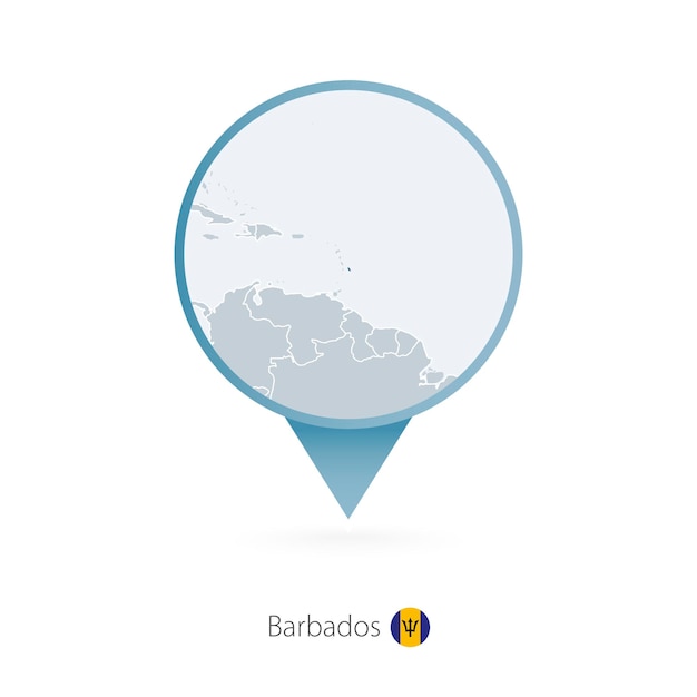 Plik wektorowy pin na mapie ze szczegółową mapą barbadosu i krajów sąsiednich
